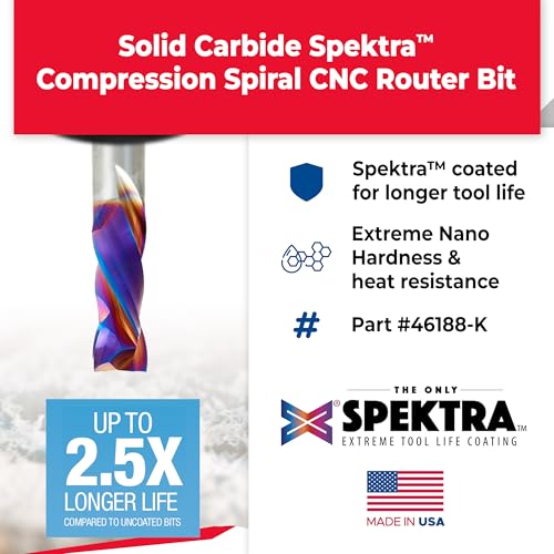 Image of Amana Tool Spektra Extreme Tool Life Solid Carbide CNC Compression Spiral Router Bit, 46188-K, 1 /2 D x 1-1 /4 CH x 1 /2 Shank x 3 Inch Long 2 Flute