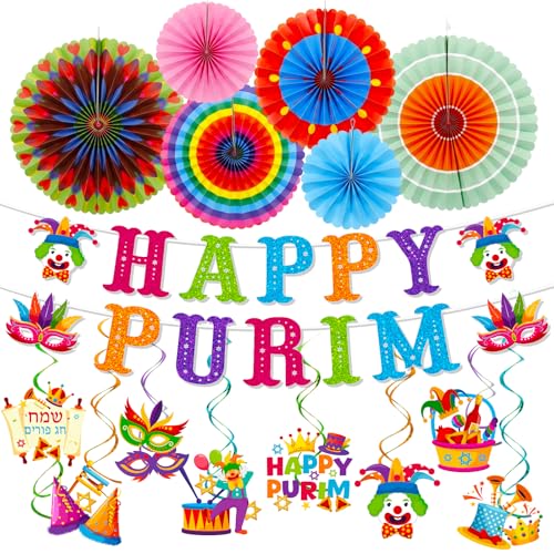 TAKEALOOKO 16Pcs Happy Purim Hanging Swirls and Banner Set - Paper Fan Purim Day Masquerade Jewish Carnival with Mask & Clown Designs for Holiday Celebration