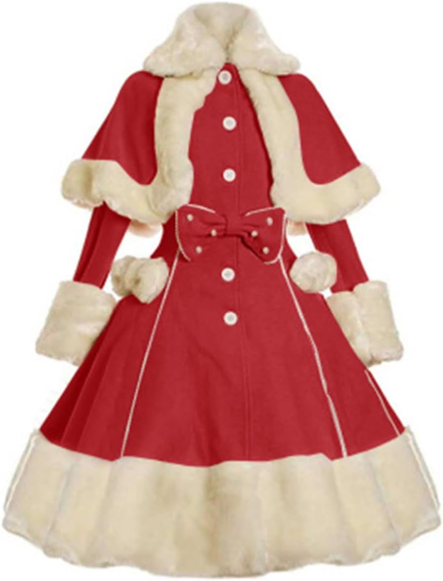 Langwyqu Women's Vintage Winter Fur Warm Coat Dress Shawl Collar Bowknot Warm Coat with Pocket