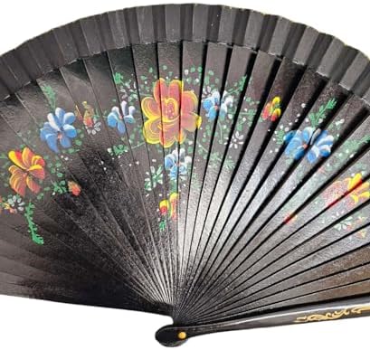 CLGIFT Floral Vintage Spanish Folding Fan Doubled-Side Flower Wood Fan for Wedding Party Decor/Dancing Hand Fan (Black) image 2