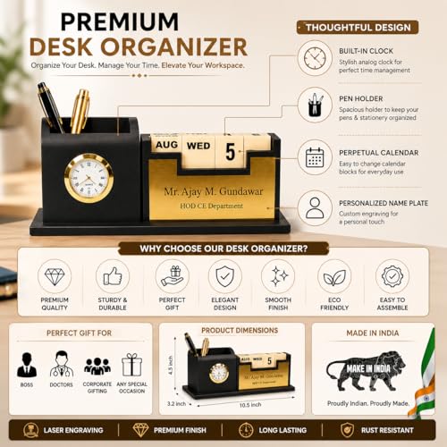 Image of Teak Wood Personalized Wooden Pen Stand Desk Organiser With Pen Stand For Office Table Stylish,Elegant Gift For Boss,doctors,male Corporate Gifts|Includes Calendar & Watch Stand,Stationary,Black