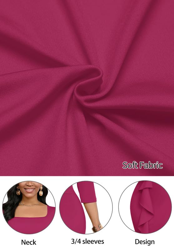 Image of MarryUP Womens Work Dresses Elegant Square Neck 3 /4 Sleeve High Waist Bodycon Ruffle Vintage Church Pencil Midi Dress