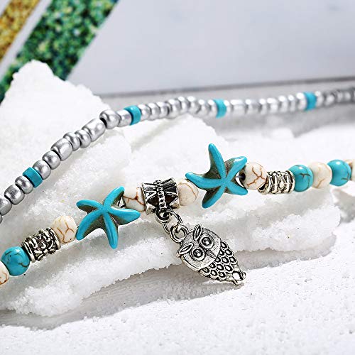 Image of Softones Blue Starfish Turtle Anklet Multilayer Charm Beads Sea Handmade Boho Anklet Foot Jewelry for Women