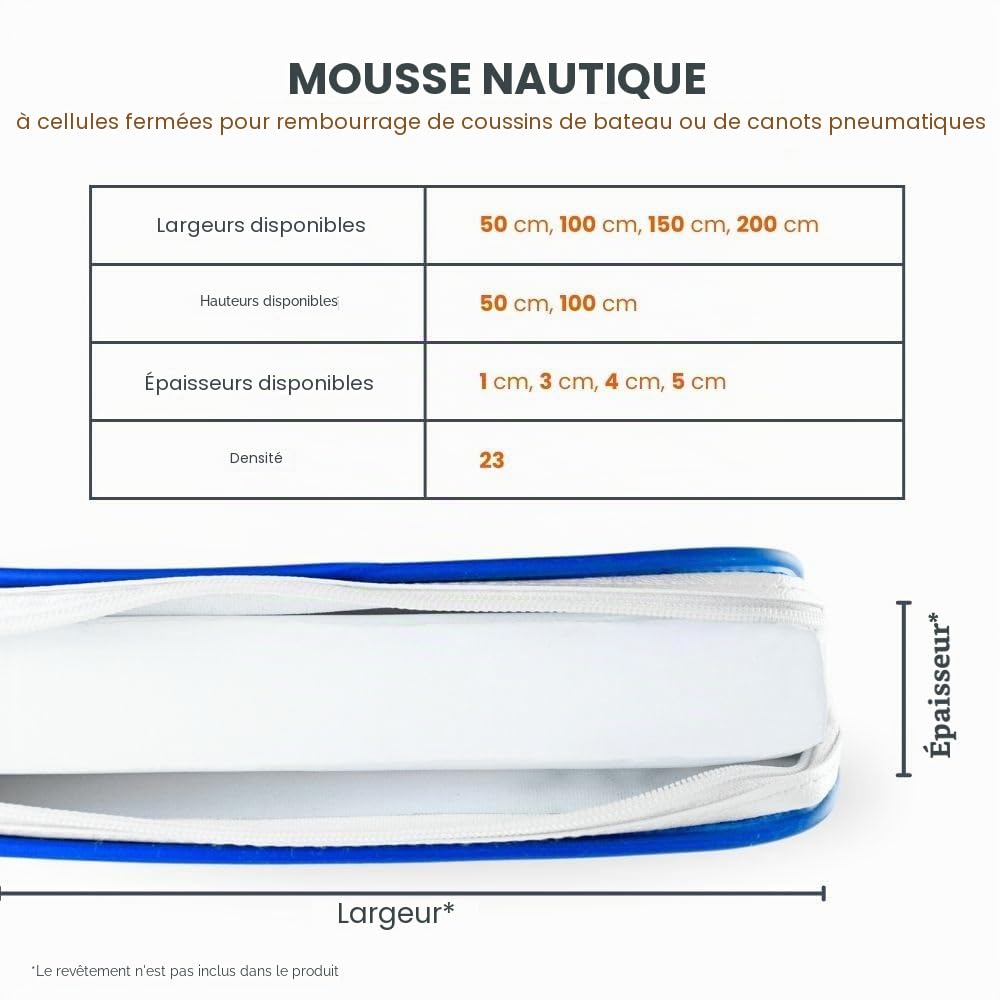 TENDAGGIMANIA Mousse pour rembourrage nautique cellulaire fermée imperméable – épaisseur 5 cm – Mesures personnalisables – Mousse pour rembourrage coussins bateau anti-moisissure – Facile à couper