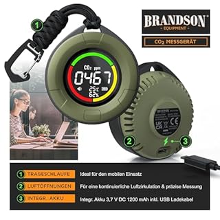 Brandson - CO2 Melder - Messgerät to Go - tragbar – Luftqualitätsprüfer - Kohlendioxidmessung PPM – 1200 mAh Akku CO2 Alarm – Temperaturanzeige, Luftfeuchtigkeit, Multifunktionstaste - Co2 Detektor