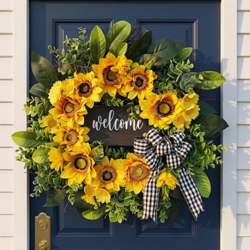 sunflower wreath with welcome,spring summer wreath...