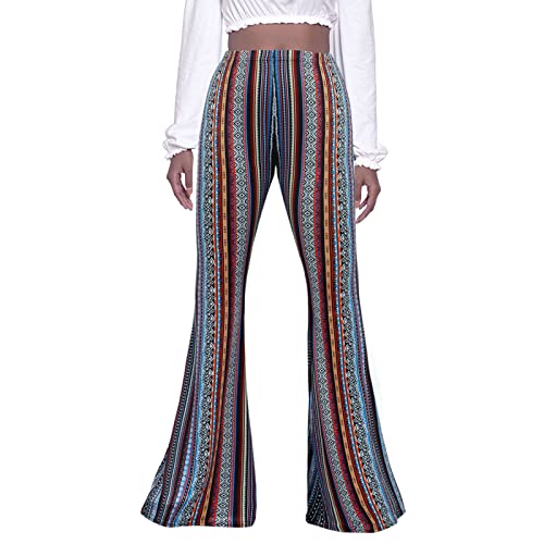 GUOLEZEEV Women Boho Flare Pants 70s Bell Bottom Leggings Elastic Waist Trouser L