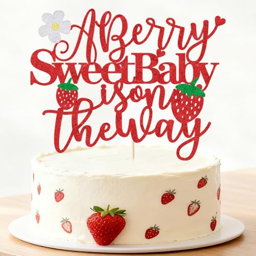 Auteby A Berry Sweet Baby Is On The Way Cake Topper, Red Glitter Strawberry Baby Shower Cake Decoration,Sweet One Cake Topper Gender Reveal Party Decoration