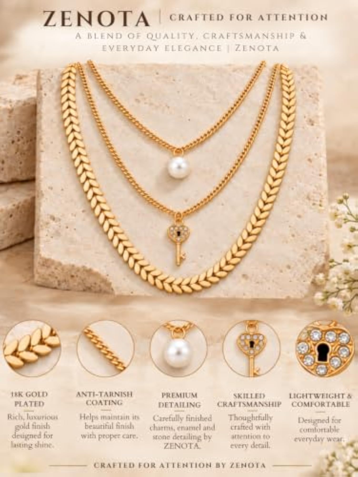 Women's 18K Gold Plated Layered Pearl & Charm Necklace Set