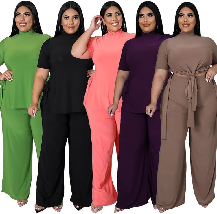 Wide Leg 2 Piece Outfits for Women Sweatsuit Sexy Short Sleeve Split Shirt Pant Set Casual Tracksuits - Image 5