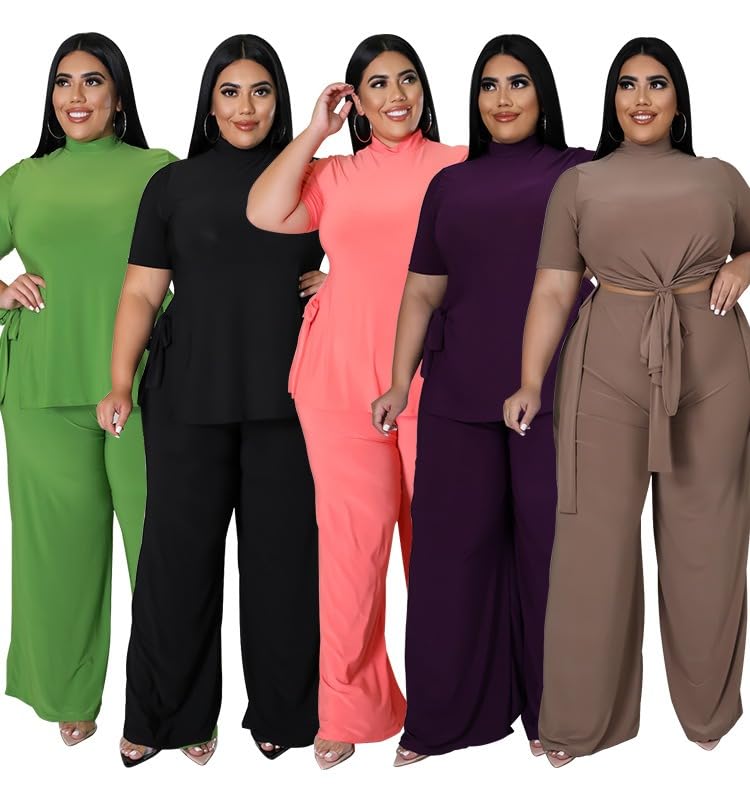 Wide Leg 2 Piece Outfits for Women Sweatsuit Sexy Short Sleeve Split Shirt Pant Set Casual Tracksuits3