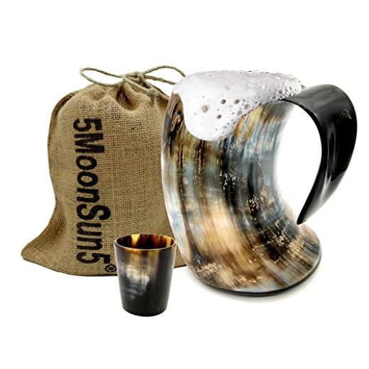 5MoonSun5’s The Original Handcrafted Authentic Viking Drinking Horn 16oz Tankard for Beer, Mead, Ale – Medieval Inspired Stein Mug – Food Safe Vessel With burlap sack (HBM-575)
