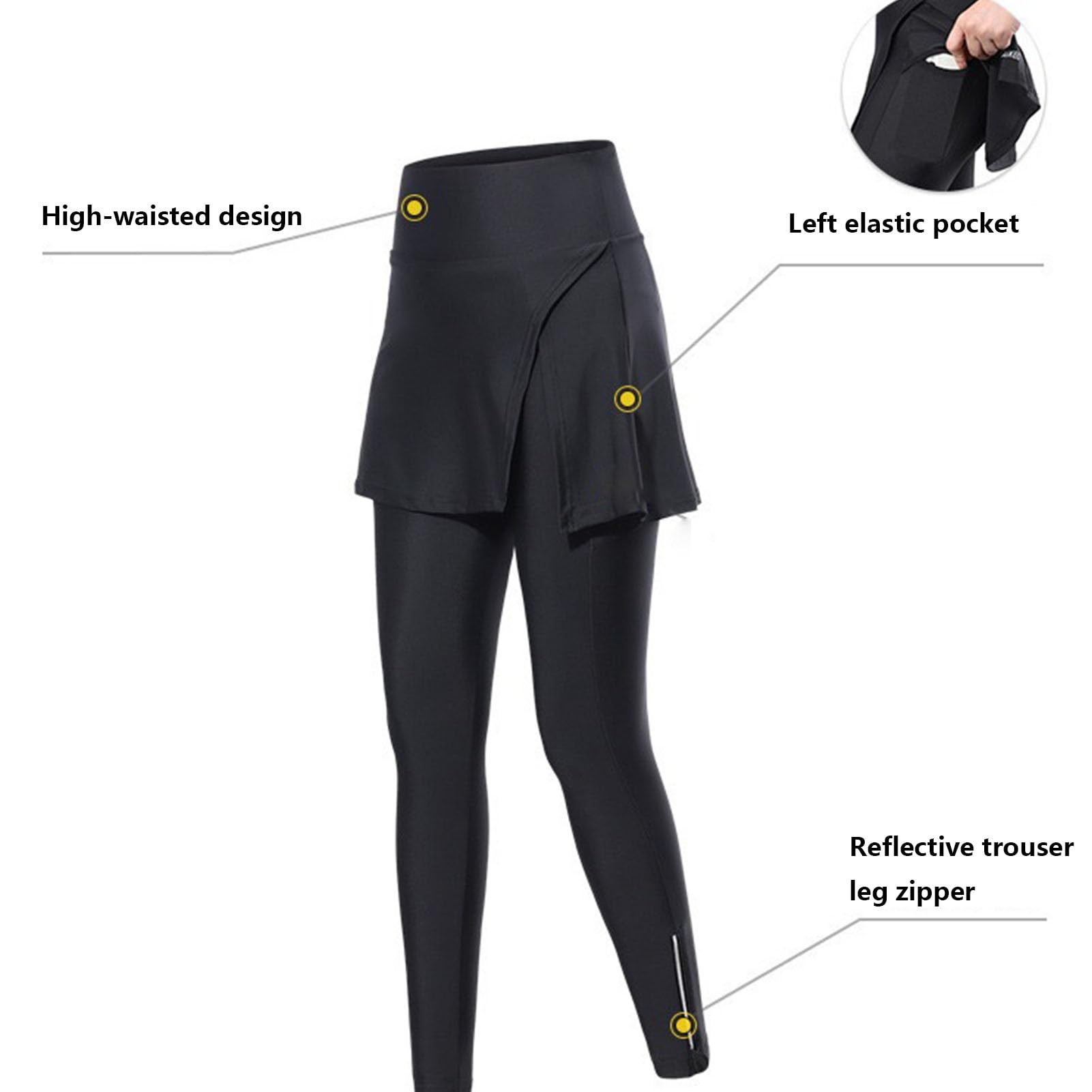 Schwarz,XXL, 2-In-1 Radrock füR Damen – Gepolsterte 5d-Gel-Radhose (Lang) mit Rockaufsatz – High-Waist-Radhose mit Rock und Taschen