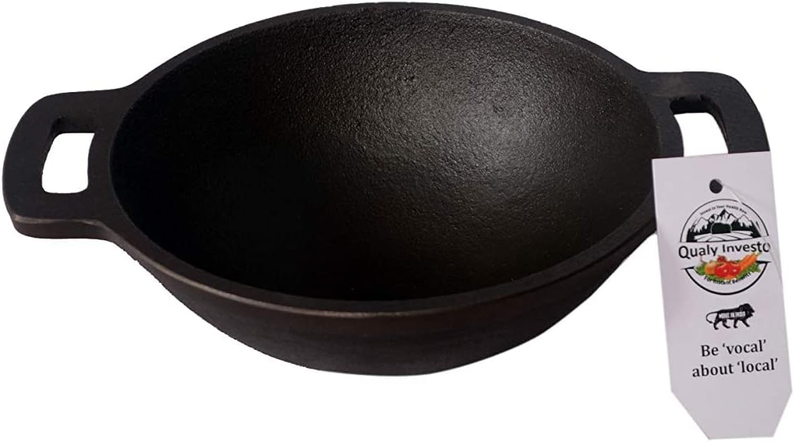 Qualy Investo Traditional Small Cast Iron Kadai Kadhai works for Cooking Small Size (6.8 Inches , 1.2 Kg Weight) Black