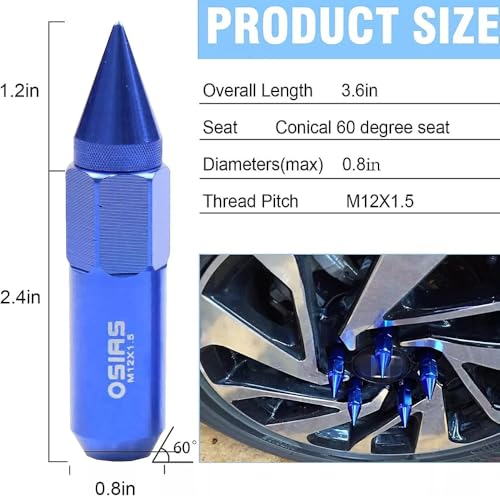 Image of M12X1.5 Spiked Nuts for Rims Aluminum Extended Tuner Lug Nuts 20PCS 60MM (Blue)
