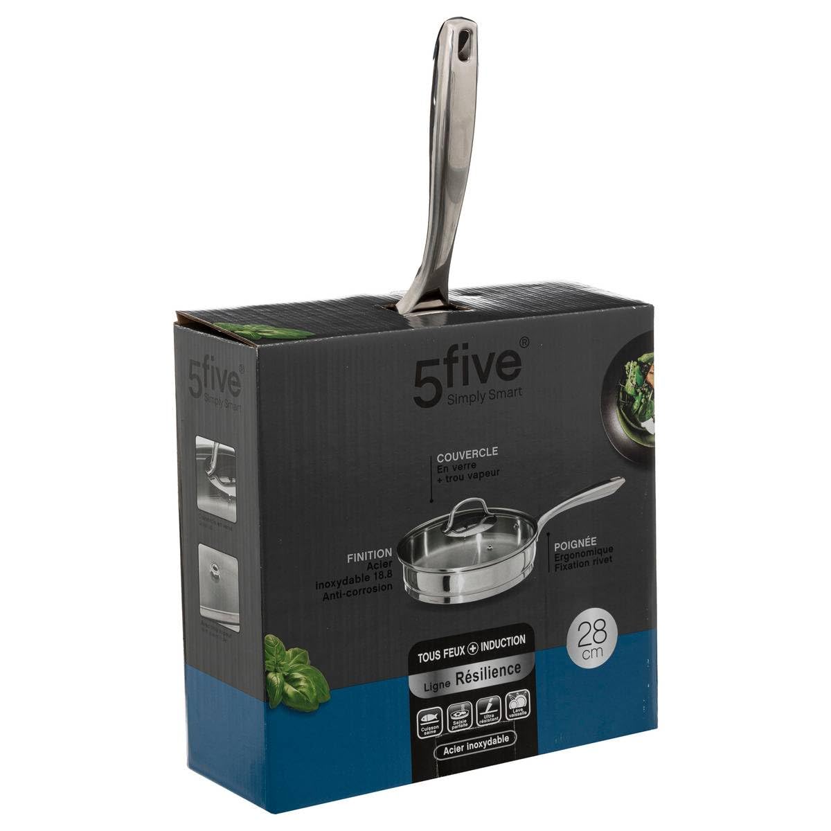 Five - Sauteuse en INOX Haute qualité avec Couvercle en Verre D 28 cm Tous Feux y Compris Induction