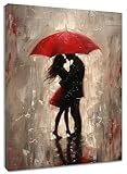 HVEST Lovers Canvas Wall Art for Living Room,Couple Kissing in Rain with Red Umbrella Framed Wall Art Romantic Pictures for Bedroom Bathroom Home Wall Decor Ready to Hang,10L X 8W Inches