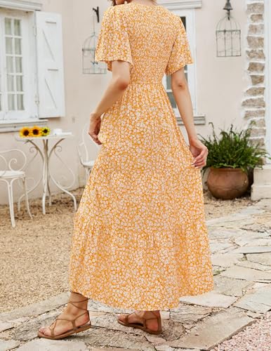 Image of ZESICA Women's 2026 Summer Boho Floral Maxi Dresses Casual Short Flutter Sleeve Smocked Tiered Flowy Dress
