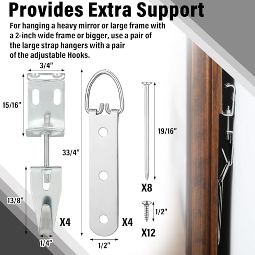 Image of Blulu 4 Set Heavy Duty Mirror Hanging Kit Picture Hangers J Hooks Adjustable Hangers and Leveling Hardware Large Supports up to 100 Lbs Mirror Hanging Hardware for Mirrors Pictures Frame