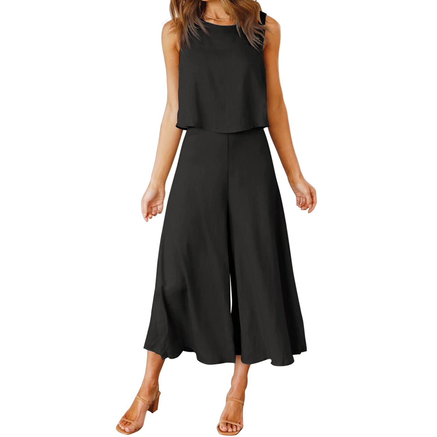 FANCYINN Conjunto para Mujer de Dos Piezas de Verano sin Mangas de Cuello Redondo y pantalón Ancho Cortado