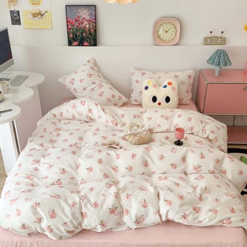 Image of Nayoroom Pink Peach Duvet Cover Full Size Kawaii Fruit Peaches Rabbit Printed on White Comforter Cover 3Pcs Kids Girls Soft Breathable Microfiber Cute Cartoon Bedding Set with Zipper Closure