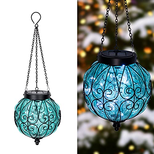 Handblown Solar Hanging Lantern Waterproof Green Glass with LED Firefly Rope Lights and Chain and Hook Solar Garden Lights for Outdoor Patio Lawn Décor
