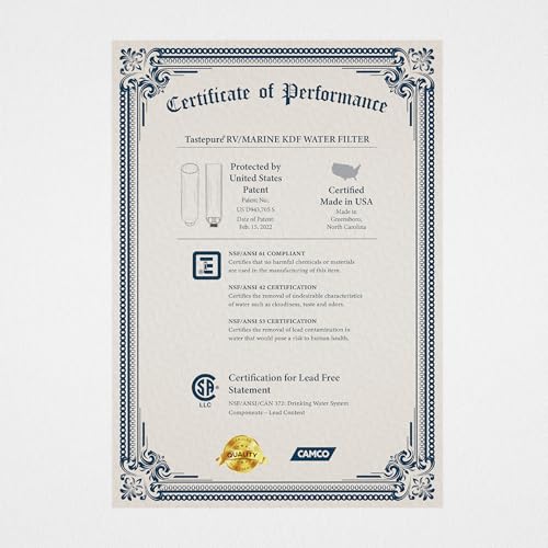 Camco Tastepure RV Water Filter - Advanced RV Inline Water Filter with Flexible Hose Protector - GAC & KDF Filtration - Made in USA - Camping Essentials for Fresh Drinking Water (40043)