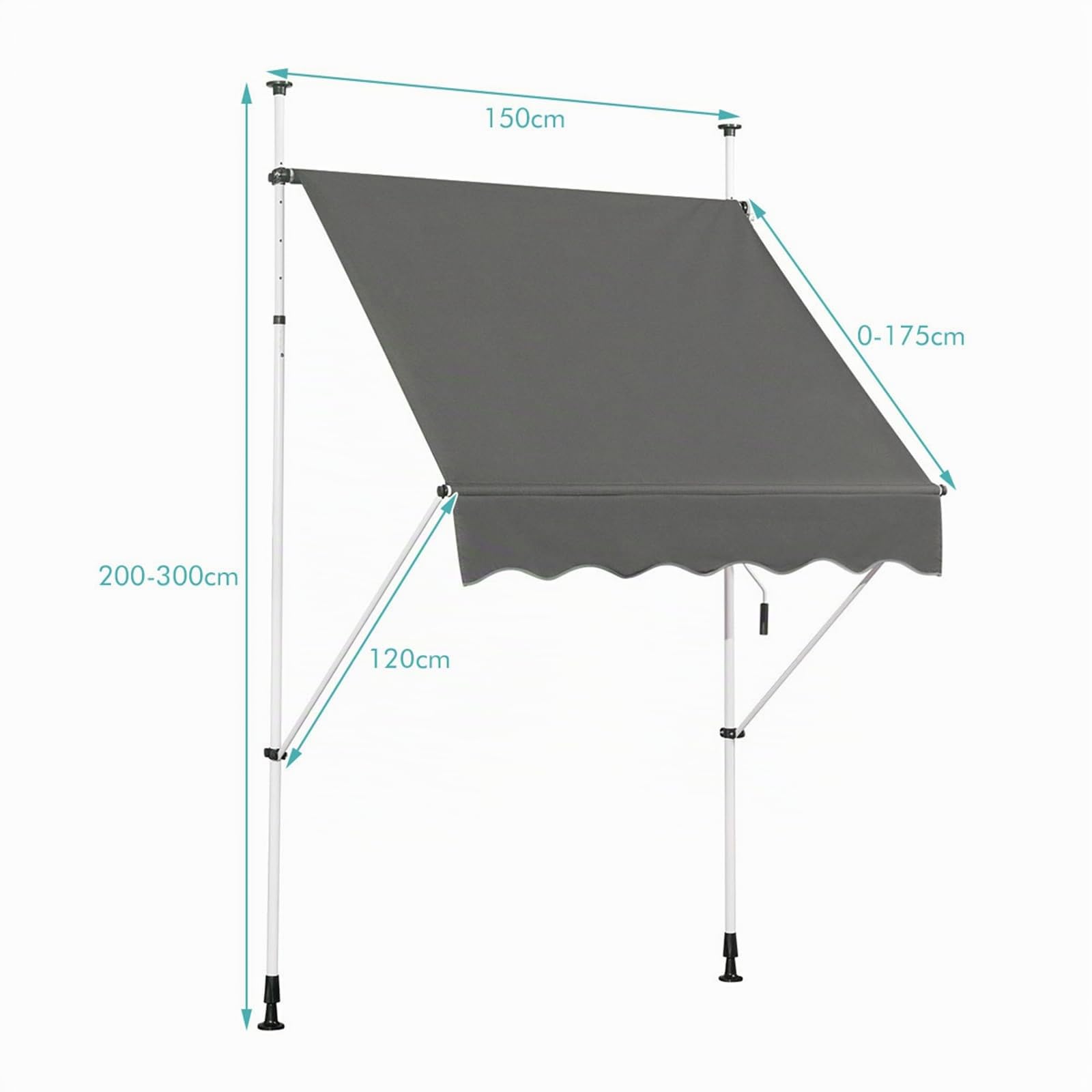 COSTWAY Klemmmarkise 150 cm breit, Balkonmarkise ohne Bohren, UV-beständig, höhenverstellbar, wasserabweisend, Markise mit Handkurbel, Sonnenmarkise, Sonnenschutz für Balkon, Grau