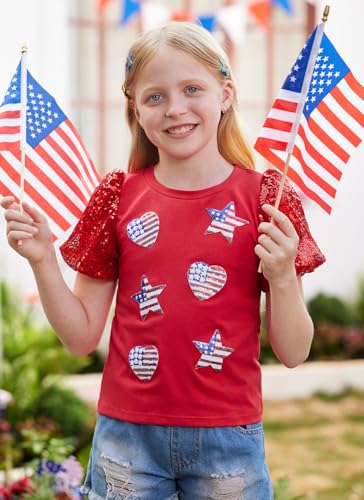 Image of BesserBay Girls 4th of July Sequins Stars Shirt Stripes Puff Short Sleeves Top Shiny Crew Neck Blouse 6-14 Years