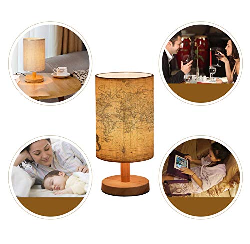 Rainfallaring Minimalist Bedside Table Lamp Vintage Map Of The World 1778 Solid Wood Nightstand Lamp Bedside Desk Lamp Wood Base Flaxen Fabric Shade For Bedroom Living Room #TOP4