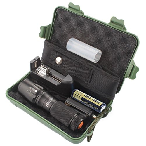 Bright Light Flashlight,5000 Lumens X800 Zoomable XML T6 LED Tactical Police Flashlight+18650 Battery+Charger+Case，5-Mode Variable Focus and Waterproof Performance