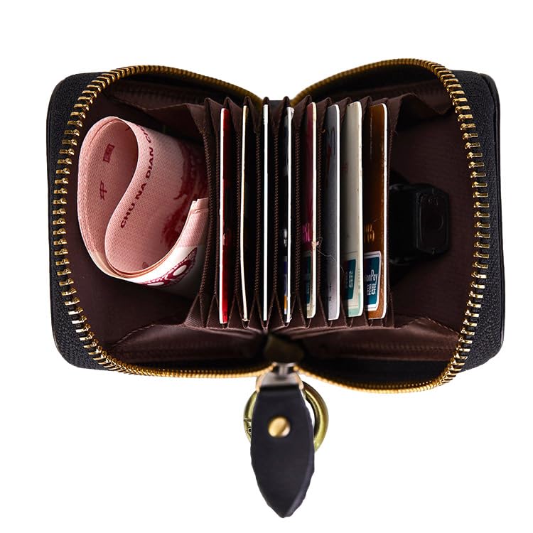 Image of Vintage Full Top Grain Leather Wallet RFID Blocking Multi Card Case with Zipper Pocket Card Holder for Men Women Gift Box (Black|Ring)