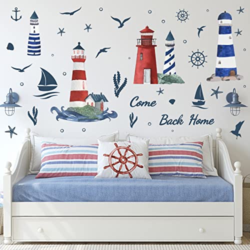 PLIGREAT Lighthouse Seagull Sailboat Wall Stickers Removable Blue Ocean Theme Wall Decals for Nursery Bedroom Playroom Living Room Wall Decorations Home Indoor DIY Nautical Wall Art Decor - Image 4