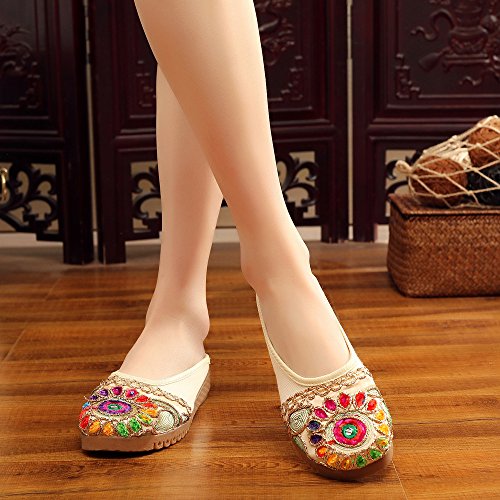 Qhome Women's Chinese Gem Charm Canvas Comfortable Casual Mules House Slippers Shoes3