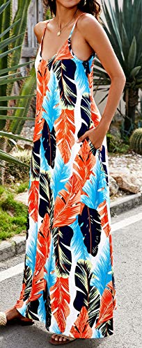 Image of Supnier Women's Summer Maxi Dress Casual V-Neck Sleeveless Bohemian Spaghetti Strap Floral Long Maxi Dress with Pockets