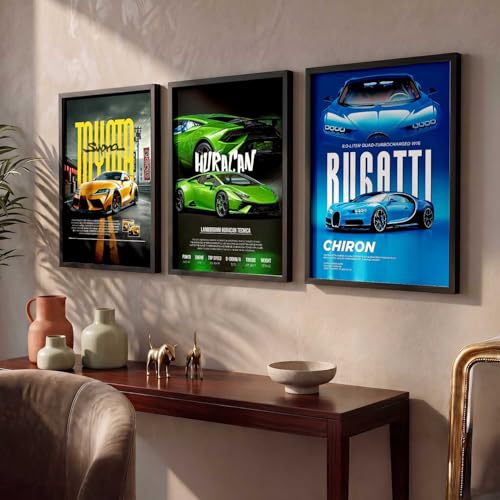 Image of HOTHOUSE Big Toyota Supra, Lamborghini Huracan, Bugatti Chiron Cars Framed Posters Gift Items for Boys Room Wall Decoration Bedroom Living Room Office Studio Decor | Set Of 3 Size (19 X 25 inch)