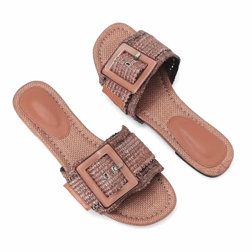 Image of ZJGZF Raffia Sandals for Women Buckle Straw flats Woven Braided Rattan Slides Summer Beach Sandals Comfort Cute Shoes