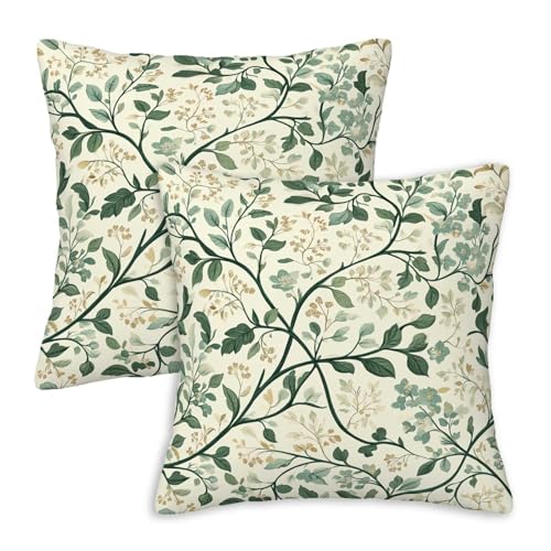 KozaHopa Green Botanical Throw Pillow Covers 18x18 Set of 2, Vine Leaf Decorative Cushion Covers for Living Room Outdoor Patio, Cream Cottage Garden Home Decor for Couch Sofa Bed