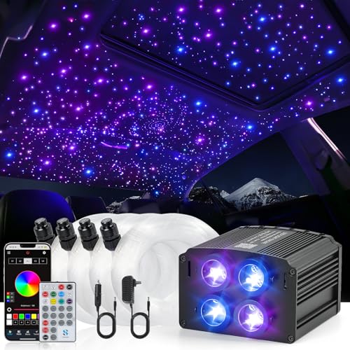 4 Colors 32W Twinkle Starlight Headliner Kit for Car Home with APP&RF Remote,RGBW 1000pcs*0.03in*13.1ft Cables Fiber Optic Star Sky Roof Lights,4 Port Engine Sound Activated Car Ceiling Star Lights