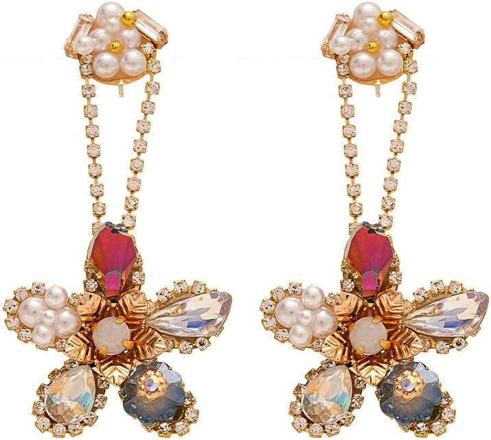 Exaggerated Long Flower Drop Earrings for Women,Trendy Dainty Colored Cubic Zirconia Dangle Flower Earrings for Woman,Hypoallergenic Statement Ear Jewelry