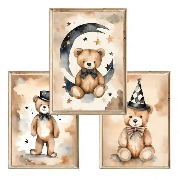 Juego de 3 pósteres de pared, osos de peluche vintage, formato A3, decoración para habitaciones infantiles