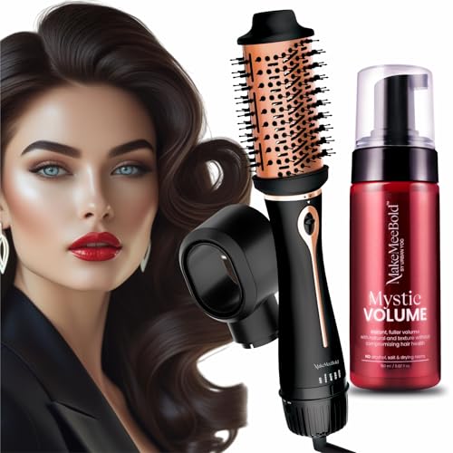 MakeMeeBold Mystic Volume Hair Styling Foam (150ml) & 3-in-1 Hot Air Brush | Instant Volumizer for Fine Hair | 1200W Hair Dryer, Straightener & Blow Dryer Brush | Paraben-Free, Sulphate-Free, Vegan