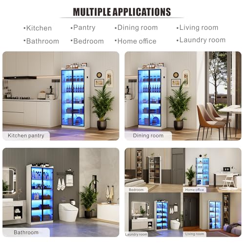Display Cabinet with Doors and Adjustable Shelves, 65" Tall Bookcase with LED Lights/Human Sensor, 5 Tier Display Case for Collectibles Bedroom Living Room Office, White