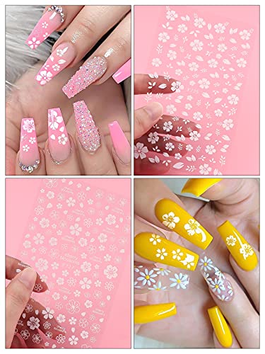 EBANKU 8 Hojas Flor Pegatinas Uñas Nail Art Stickers, flor de cerezo blanca 3D Pegatinas de Uñas Autoadhesivas, Autoadherentes Calcomanías Uñas para Decoración Uñas DIY Arte de Uñas