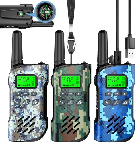 Inspireyes Walkie Talkie Kinder Aufladbar Geschenk Jungen Mädchen 3er Set | Kompass,48 Std Akkulaufzeit, VOX, Taschenlampe, Camping, Wandern, Outdoor, Geschenk für Jungen & Mädchen