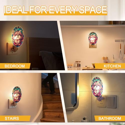 Image of Dog Night Light Shih Tzu, Stained Glass Styled Plug-in Wall Nightlight, Bulb Included, Pet Memorial Dog Lover Gift, Bedroom Hallway Bathroom Decor, Manual On /Off Switch