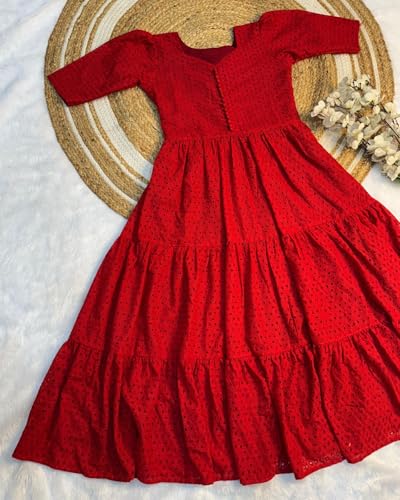 Image of Her Couture Cotton Midi Schiffli Embroidered Dress with Attached Belt