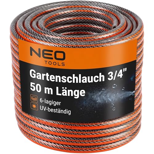 NEO TOOLS Gartenschlauch 3/4 Zoll, 50 m Länge, 6-lagiger | UV-beständig, Flexibel Schlauch, Verdrehschutz - Wasserschlauch aus Erst-PVC mit Anti-Algen-Innenausstattung