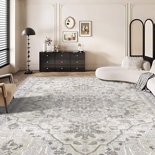 Deerly Large Washable Living Room Rugs 9x12 Boho Vintage Area Rug Indoor Bedroom Carpet with Non Slip Rubber Backing for Under Dining Table Office Farmhouse, Beige