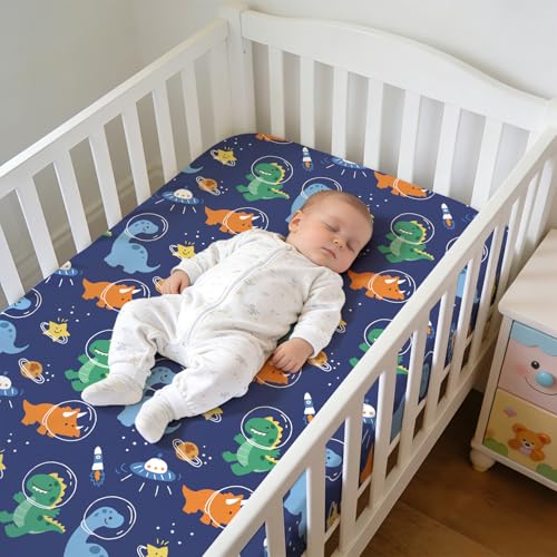 Image of JISEN Baby Crib Sheets Soft Breathable Space Dinosaurs Fitted Crib Sheets for Standard Crib and Toddler Mattress Baby Bed Sheets for Boys Girls Neutral 52x28 Inch